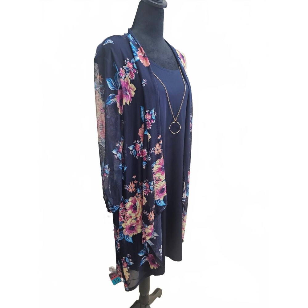 Stella & Julie Navy Blue Floral Print Dress, Sheer Cardigan and Necklace Set 14 - Picture 2 of 6